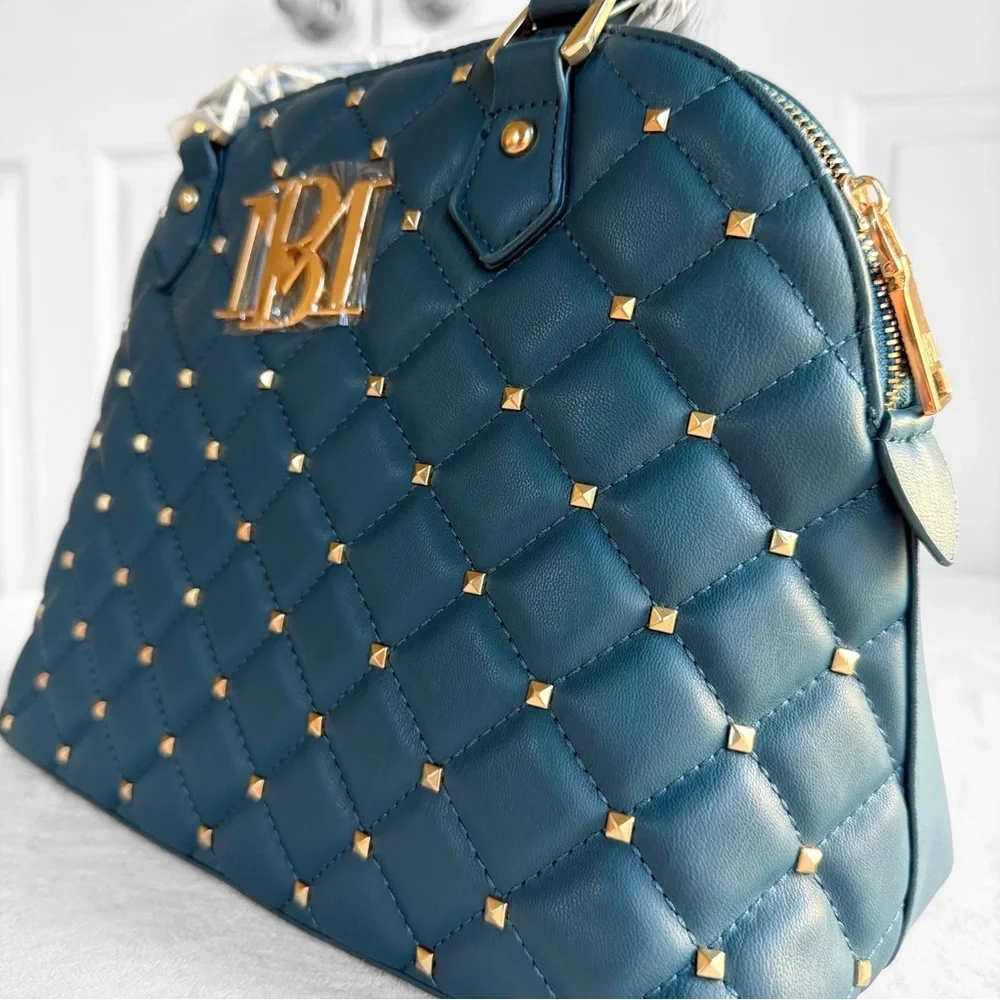 NWT Badgley Mischka Diamond Quilted Dome Satchel – Dark Green Teal Studded - Picture 11 of 14